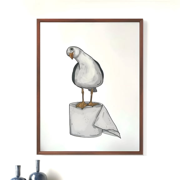 Funny Bathroom Wall Art Poster Minimalist Seagull Toilet Paper Illustration Coastal Humor Decor for Bathroom Kitchen Apartment, UNFRAMED 12x18