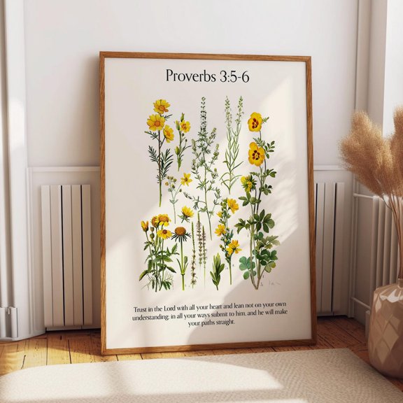 Proverbs 3:5-6 Wall Print – Yellow Botanical Scripture Poster Christian Bible Verse Faith Wall Decor Wall Art, Modern Wall Decor, 12x18 UNFRAMED