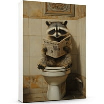 Funny Bathroom Wall Art - Raccoon Sitting On The Toilet Reading Newspaper Poster Print, Animal Canvas Decor Pictures Decorations 1270CA13