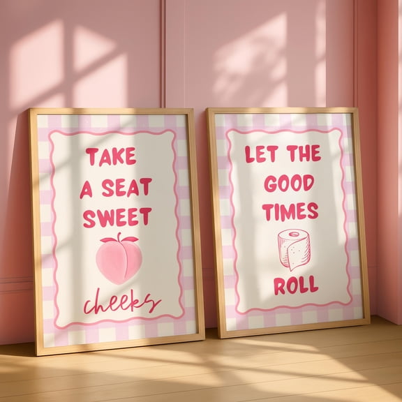 Funny Bathroom Wall Art Set of 2, Pink Toilet Prints, Cute Girly Bathroom Decor, Restroom Poster , Poster Only