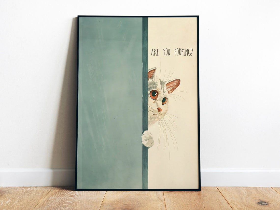 Funny Bathroom Wall Art Are You Pooping Cat Print Blue Bathroom Print ...