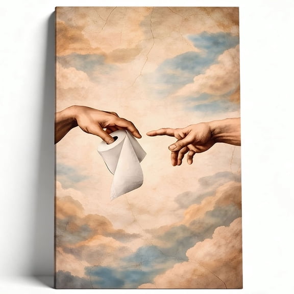 Funny Bathroom Wall Decor Toilet Paper Canvas Wall Art Creation of Adam Painting Prints Living Room Bedroom Restroom Christian Wall Art Stretched Frame Ready to Hang12*16