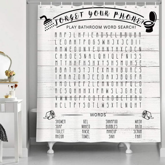 Funny Bathroom Word Search Shower Curtains, Forget Your Phone on Retro Wooden Plank for Country Rustic Bathroom Decor, Polyester Fabric Wood Shower Curtain, Washroom Bathroom Accessory Sets, (36X72)