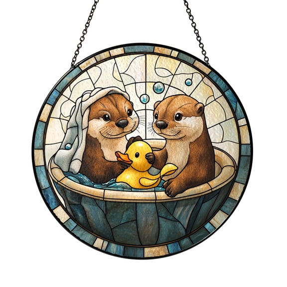 Funny Bathtub Otter Couple Acrylic Holographic Suncatcher Window Hanging Decor, Animal Window Panel Art, Prism Window Decoration Gift