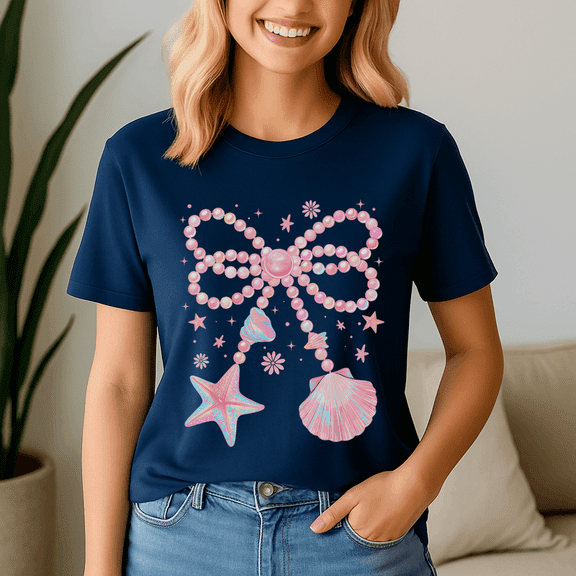 Funny Beach Summer Vibes Cute Coquette Bow Pearl Pink Clam Shirt,Preppy Summer Vibes ,Summer Beach Tshirt,Girls Trip,Summer Tee,Summer Vibes