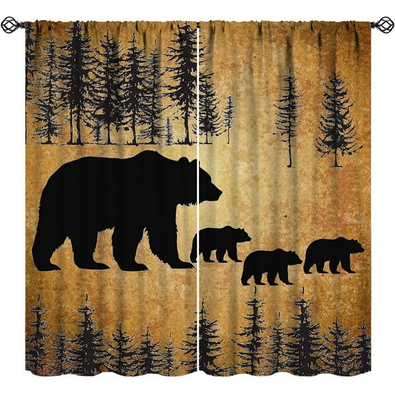 Funny Bear Blackout Curtains Vintage Rustic Forest Trees Wild Animal Black Brown Art Printed Bedroom Living Room Rod Pocket Decoration Window Drapes 2 Panels W21xL63in