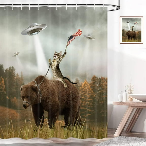Funny Bear Cabin Shower Curtain, Cat Riding Bear in Forest Cabin Hungting UFO Bathroom Shower Curtain Set, Funky Shower Curtains Liner with Hooks