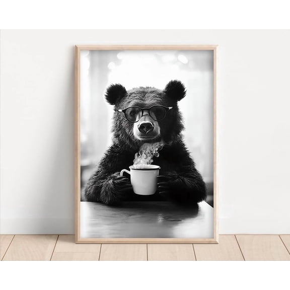 Funny Bear Coffee Print: Retro Kitchen Animal Wall Art UNFRAMED