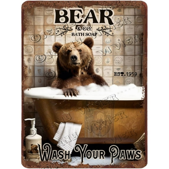 Funny Bear Decor Vintage Bathroom and Bathtub Metal Tin Sign Decor Bear Pet lovers Gift Farm Home Bar Bathroom Men's Room Retro Wall Art Poster Sign Shabby Chic Decor,Aluminum 5.5"x8"