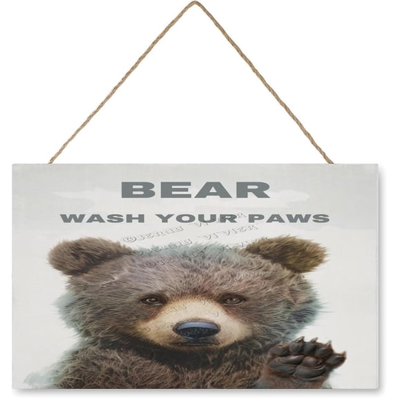 Funny Bear Decor Wash Your Paws Wall Art Wooden Sign Vintage Pictures for Bedroom Bathroom Kitchen Wall Decorations Bar Interior Decor 10"x16" Wooden Hanging Signs