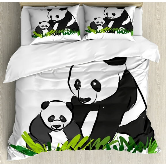 Funny Bear Duvet Cover Set, Panda Family on Grass Bambu Lovers Print, Decorative 3 Piece Bedding Set with 2 Pillow Shams, King Size, Dark Grey White, by Ambesonne