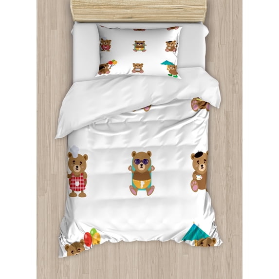 Funny Bear Duvet Cover Set Twin Size, Nursery Themed Pattern of Repeating Animals with Fun Costumes Balloons, Decorative 2 Piece Bedding Set with 1 Pillow Sham, White and Multicolor, by Ambesonne