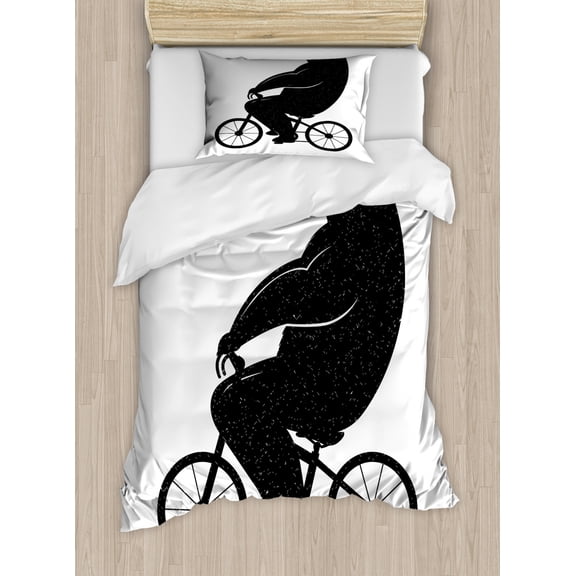Funny Bear Duvet Cover Set Twin Size, Silhouette of a Fluffy Creature on a Bicycle Funny Childish Design, Decorative 2 Piece Bedding Set with 1 Pillow Sham, Dark Grey and White, by Ambesonne