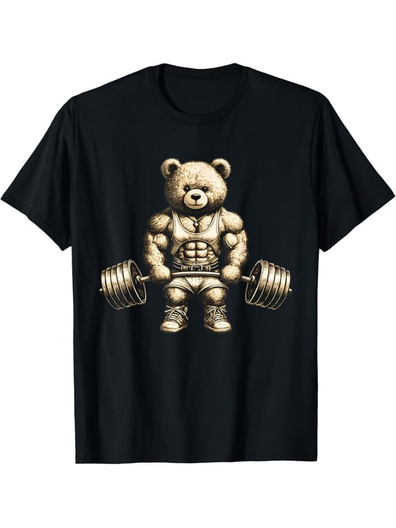 Funny Bear Lifting Weights Gym Workout Animal Shirts Mens T-Shirt