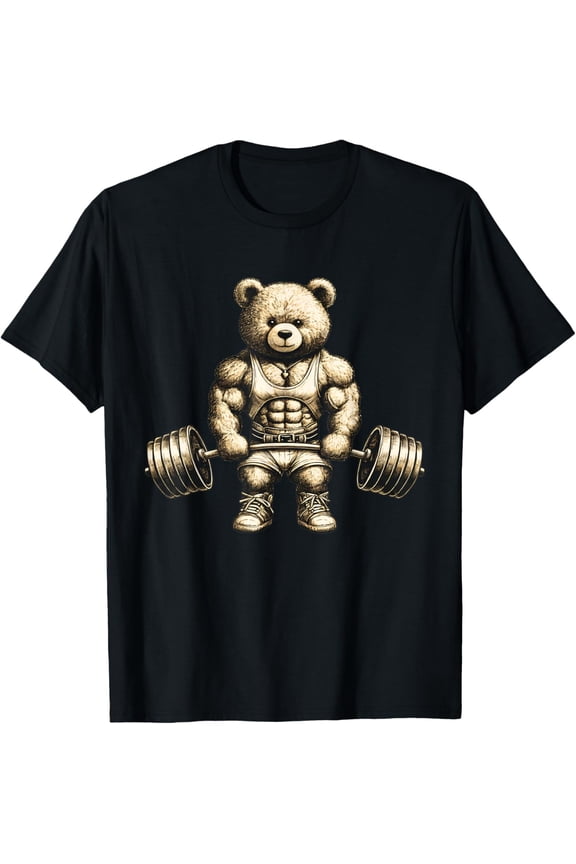 Funny Bear Lifting Weights Gym Workout Animal Shirts Mens T-Shirt