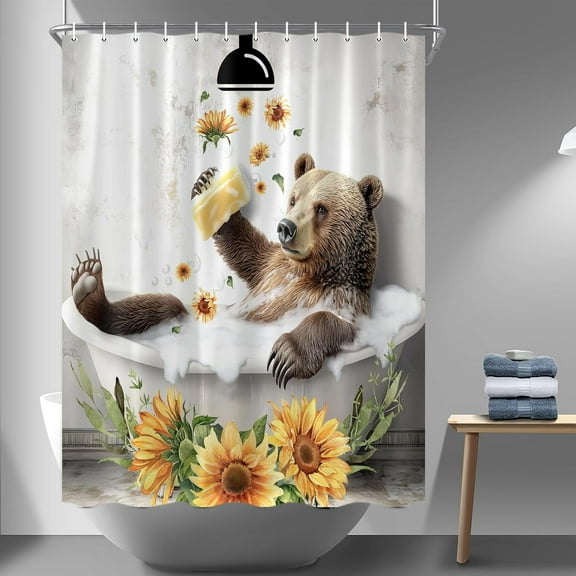 Funny Bear Shower Curtain Set, Brown Bear Animal Sunflower Flower Plant Bathtub Bathroom Shower Curtain,Polyester Fabric with Plastic Hooks, 72X72in
