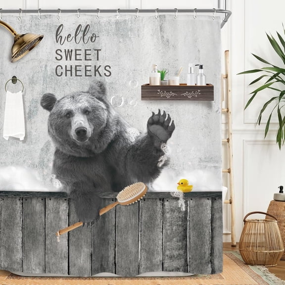 Funny Bear Shower Curtain Set, Farmhouse Rustic Western Country Animal Gray Design, Waterproof Polyester with Hooks 36"W x 72"H