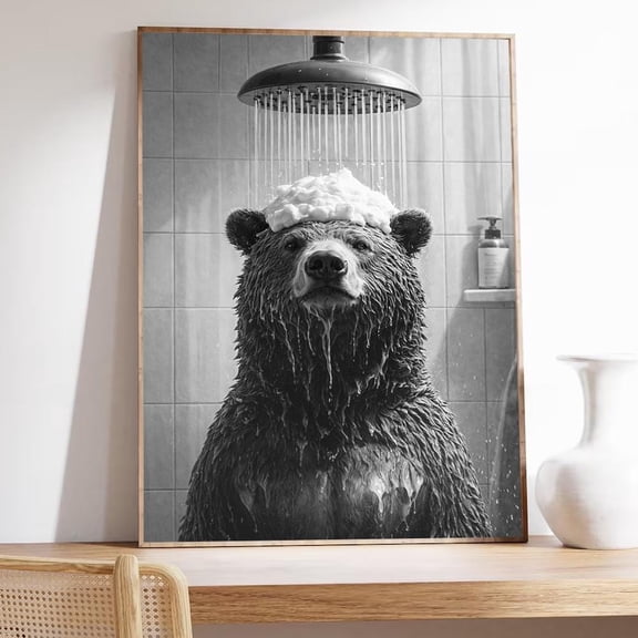 Funny Bear Shower Wall Art, Bathroom Humor Poster, Black And White Animal Photography, Bear Bathroom Decor, Funny Bathroom Wall Art, Poster Only