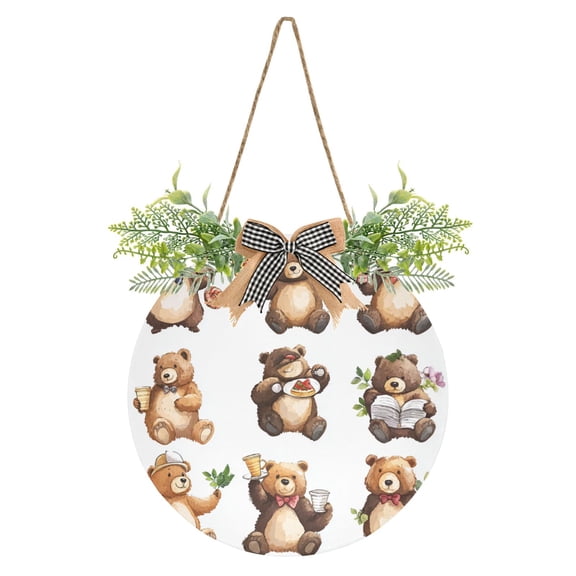 Funny Bear Stickers Watercolor Front Door Porch Decoration Hanging Sign with Artificial Green Plants and Bow for Home Outdoor Indoor