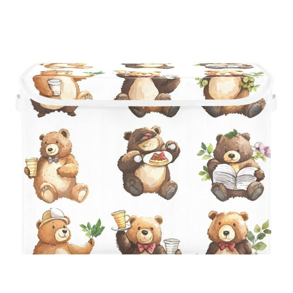 Funny Bear Stickers Watercolor Large Storage Bins with Linen Collapsible Lid Storage Box 16.7 x 12.6 x 11.8in