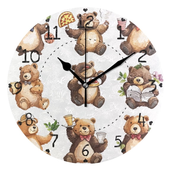 Funny Bear Stickers Watercolor Round Wall Clock Silent Battery Operated Home Decor for Living Room Bedroom