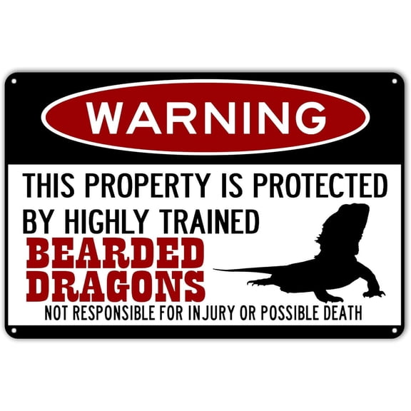 Funny Bearded Dragon Warning Metal Tin Sign, Lizard Decor, 8 x 12 Inches