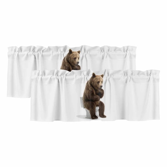 Funny Bears Curtain Valances for Windows, Kitchen Valance Window Treatments Panel 2 Pack, Cute Art Fun Lovely Animals on Toilets Rod Pocket Short Curtains for Bathroom Bedroom 42 x 12 Inch