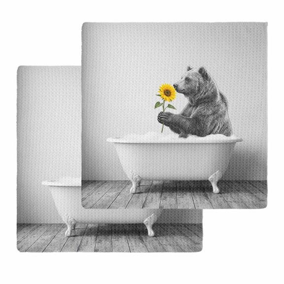 Funny Bears Kitchen Dish Towels for Drying Dishes Set of 2, Cute Art Vintage Lovely Animals on Bathtub Waffle Weave Microfiber Hand Tea Bathroom Towels Quick Dry & Absorbent Towel 12x12