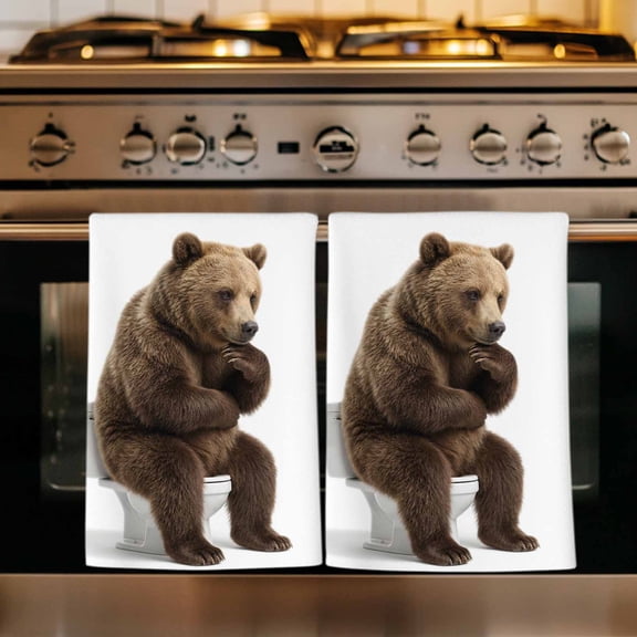 Funny Bears Kitchen Towels Set of 1, Cute Art Fun Lovely Animals on Toilets Absorbent Dish Towels for Kitchen, Microfiber Hand Towel, Quick Drying Tea Towel for Cleaning Decorative Dishcloths