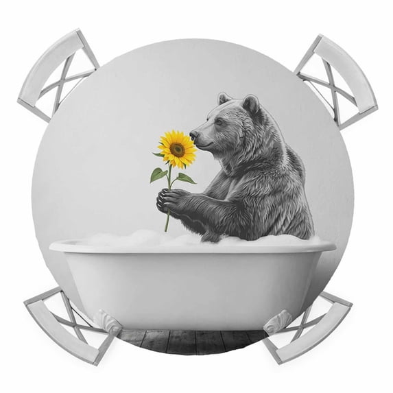 Funny Bears Round Tablecloth for 55-60 Inch Tables,Fitted Table Cover with Elastic Edge,Cute Art Vintage Lovely Animals on Bathtub Waterproof Outdoor Table Cloth Protector for Patio Garden Dinner
