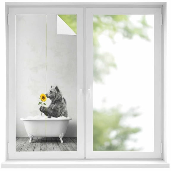 Funny Bears Window Privacy Film, Cute Art Vintage Lovely Animals on Bathtub Static Cling UV Sun Blocking Heat Control Window Tint Day and Night, Non-Adhesive One Way Privacy Cover 17.7''x39.3''