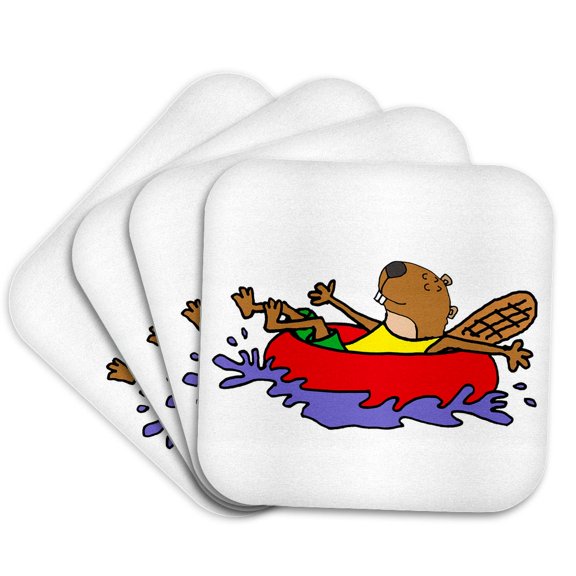 3drose, Funny Beaver Floating down River in Inner Tube Nature Cartoon, Set of 4 Coasters - Soft