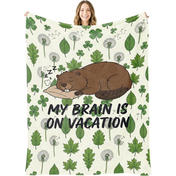 Funny Beaver Throw Blanket "My Brain is on Vacation" Beaver Birthday Gift | Beaver Flannel Polyester Blanket, Botanical Nature Animal Gifts for Teens, Campers, Introverts, 50x60Inch