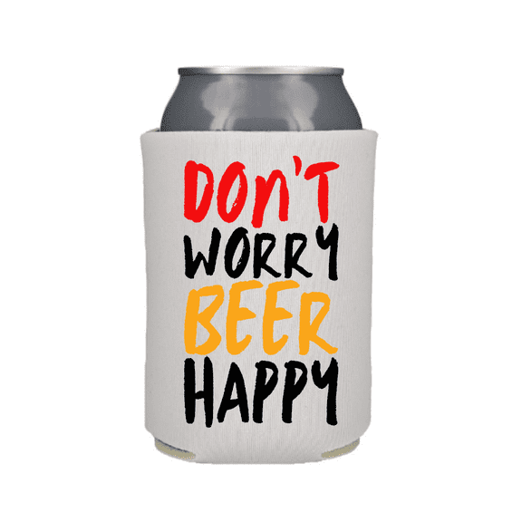 Funny Beer Can Cooler, Don't Worry Beer Happy, Funny Coolies Drink Accessory, Beer Sleeves, Party Gift Favors (White)