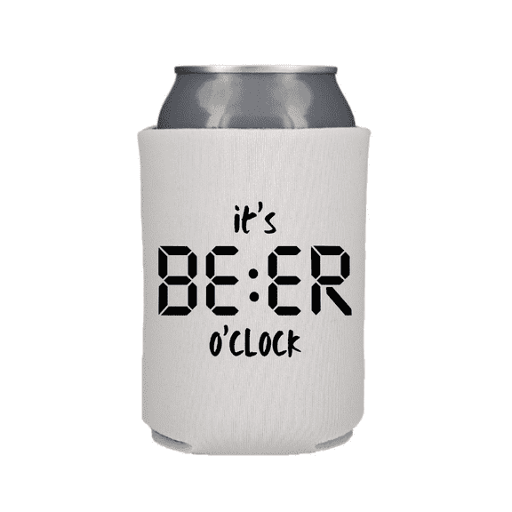 Funny Beer Can Cooler, "It's Beer O'Clock" Design, Foam Can Sleeve, Drink Accessory, White