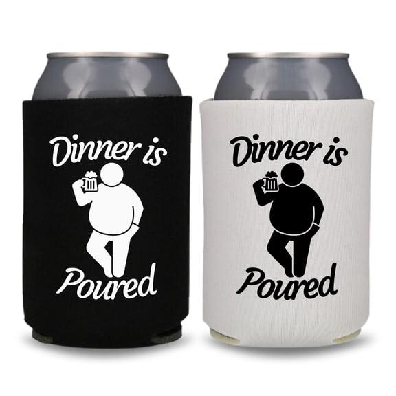 Funny Beer Can Coolers, Dinner is Poured Coolies, Funny Coolies Drink Accessory, Beer Sleeves, Funny Gag Gift, Party Favors (2 Pack (1 Black & 1 White))
