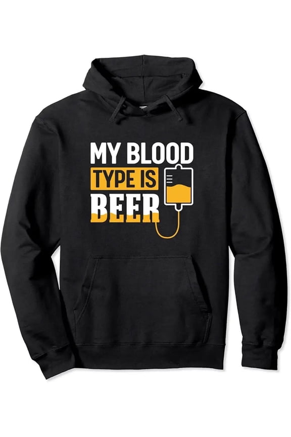 Funny Beer Lover Hoodie - "My Blood Type Is Beer" Graphic Sweatshirt with Blood Type B+ & Beer Mug Design - Black with White & Yellow Print, Unisex All-Season Pullover Hooded Sweater for Men & Women