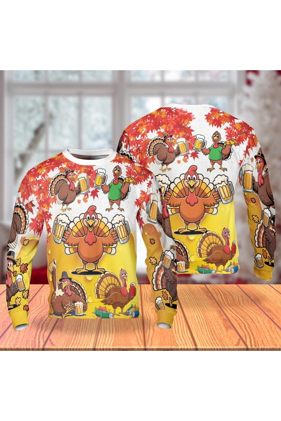 Funny Beer Turkey Thanksgiving Sweatshirt, Cartoon Turkey Drinking Beer Sweater, Happy Fall Feast Pullover, Humor Autumn Holiday Sweatshirt