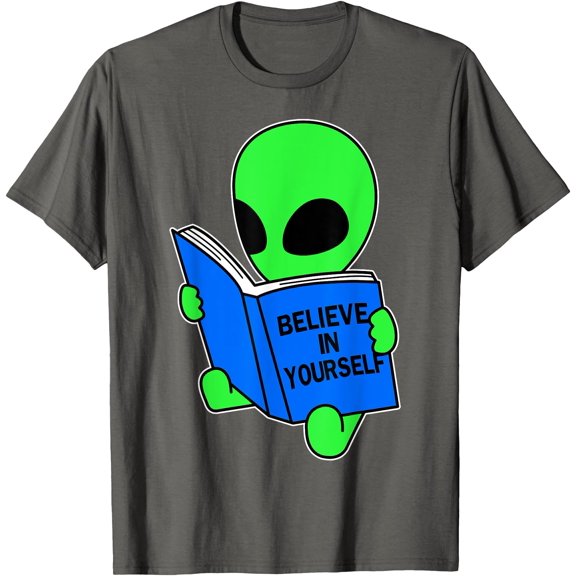 Funny Believe in Yourself Funny Alien UFO Design Unisex T-Shirt for Men Women Kids,Charcoal Color,Size 5/6