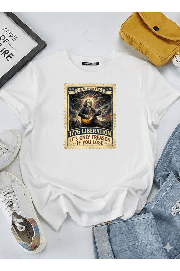 Funny Benjamin Franklin Guitar Stamp 1776 Liberation Parody Unisex T-Shirt, S-5XL
