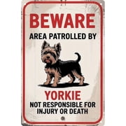 Funny Beware of Dog Metal Fence Sign, Yorkie Warning Tin Sign, 8 x 12 Inch