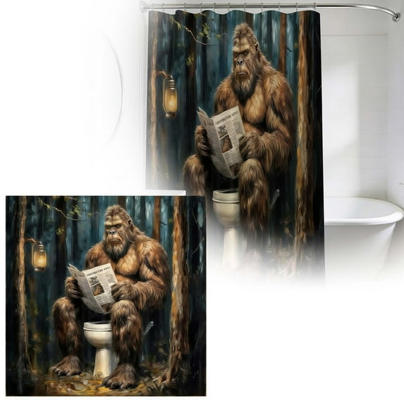 Funny Bi-g-foot Shower Curtain, Mysterious For-est S-as-quatch Animal Cool Wild Animal Shadow Bath Decor Shower Curtain Set, Waterproof Polyester Fabric Shower Curtains with 12 Hooks,70X70 inchs