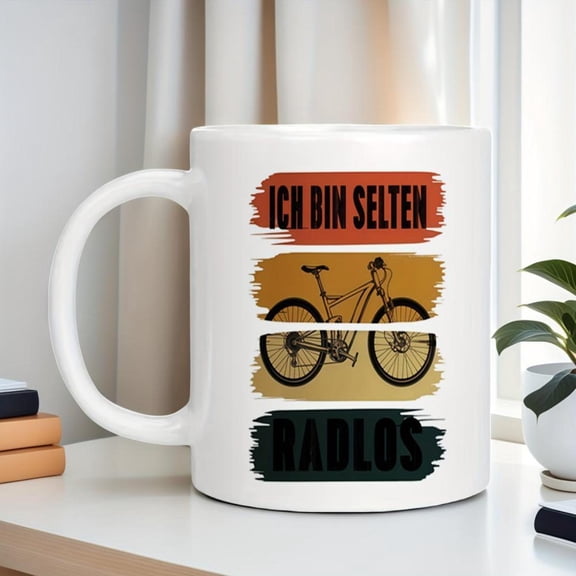 Funny Bicycle Themed 11oz White Ceramic Coffee Mug with German Sayings Ich Bin Seltig RADLOS Design Cyclists Hand Wash Only Reusable Washable Ideal Home Cafe Use