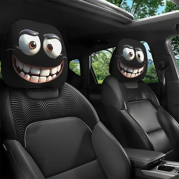 Funny Big-Eyed Grinning Cartoon Print Car Seat Headrest Covers,Universal Fit for Long Road Trips & Daily Commutes – Perfect for Halloween/Christmas Holiday Decor, Funny Design