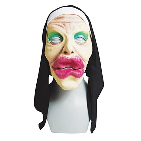 Funny Big Juicy Lips Nun Latex Face Mask Adult Sister Veil