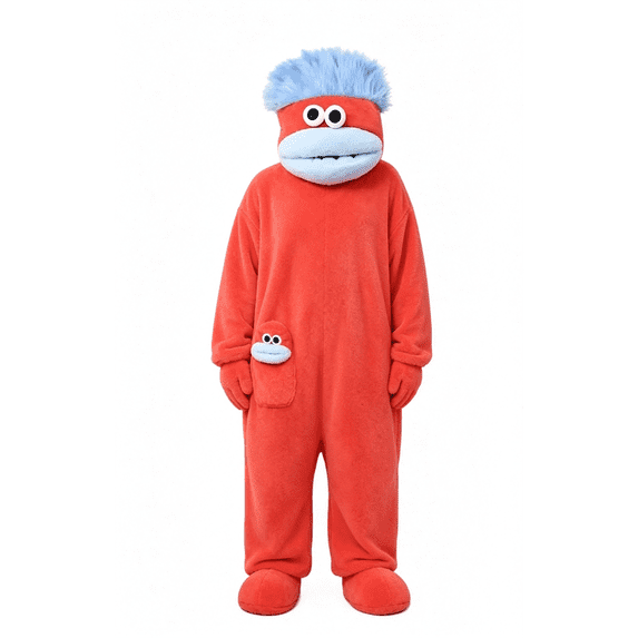Funny Big Mouth Adult Onesie with Large Comb Prop, Silly Puppet One Piece Pajamas, Oversized Sleepwear for Parent & Little One