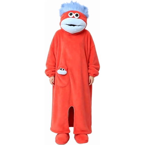 Funny Big‑Mouth Monster Adult Onesie Pajamas, Coral Fleece One‑Piece Cartoon Cosplay Costume Loungewear Party