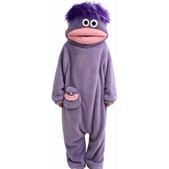 Funny Big‑Mouth Monster Adult Onesie Pajamas, Coral Fleece One‑Piece Cartoon Cosplay Costume Loungewear Party