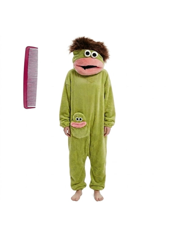 Funny Big Mouth Monster Adult Onesie with Large Comb Prop, Oversized Fleece One Piece Pajamas for Women & Men, Kigurumi Halloween Costume