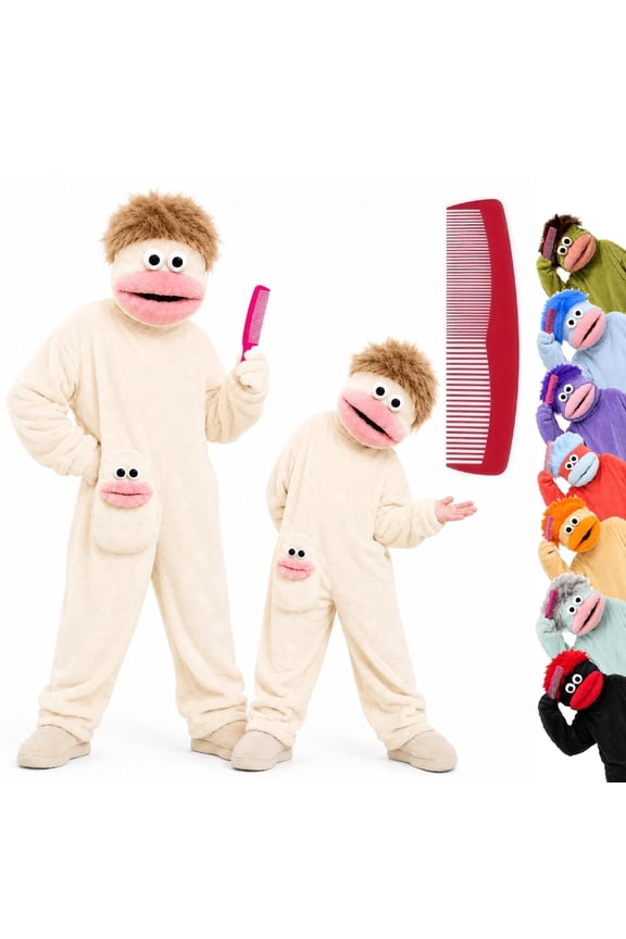 Funny Big Mouth Monster Adult Onesie with Large Comb Prop - Silly Puppet Cosplay Halloween Costume Pajamas for Family Matching White Size: 8-9Y